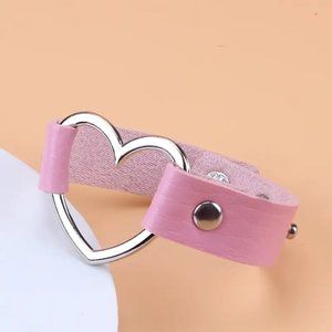 Pink Punk Heart Cuff Bracelet  Rivet Wrist Bangle Metal Vegan Leather Goth NEW